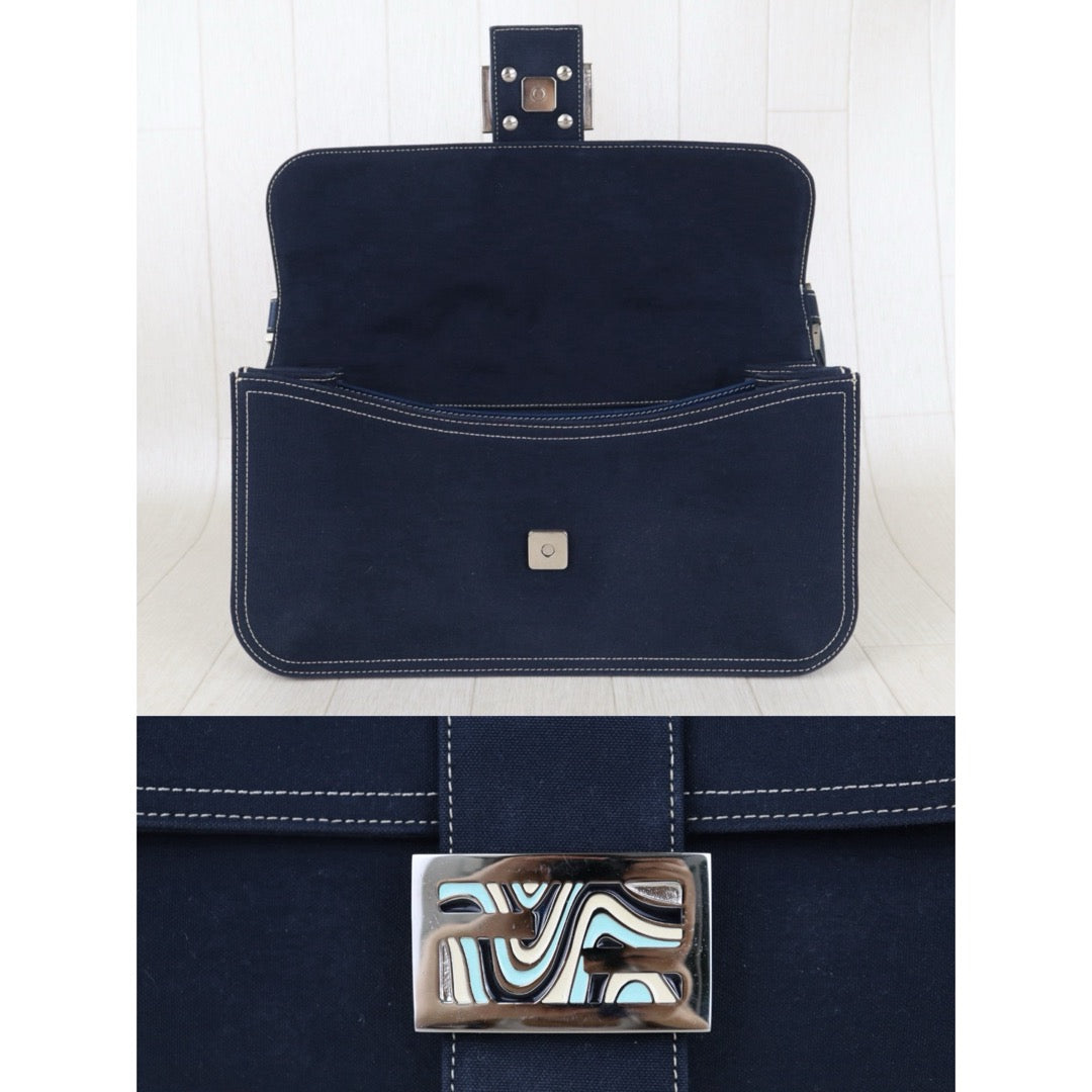 Include Entrupy Certificate of Authenticity｜Good ( Rank AB) ｜ FENDI Denim Baguette Enamel Clasp Shoulder Bag Blue｜S26072525