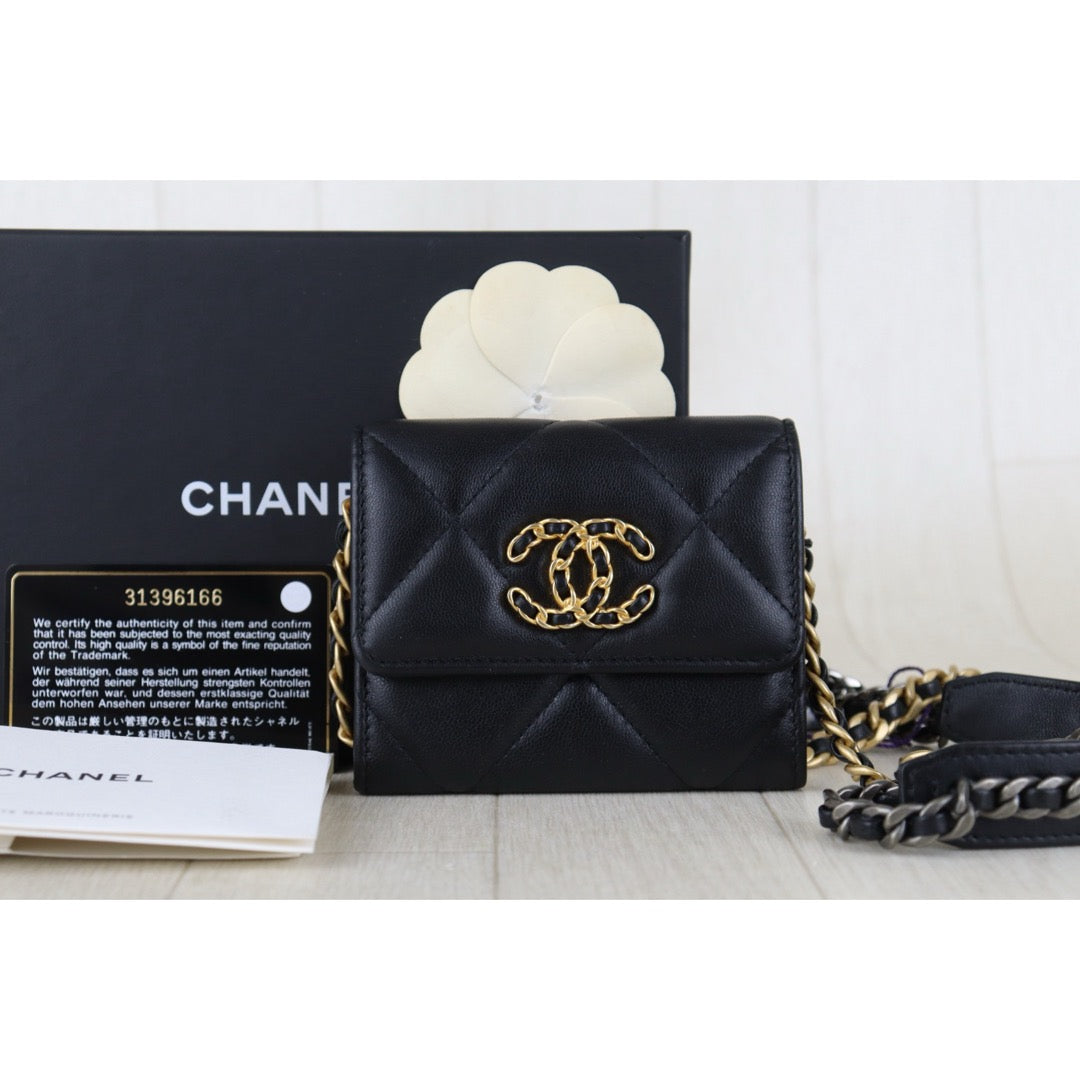 Include Entrupy Certificate of Authenticity｜Very Good ( Rank A)｜CHANEL 19bag Lambskin Black Mini WOC Chain Bag Made In 2021-2022 Year｜S26072507