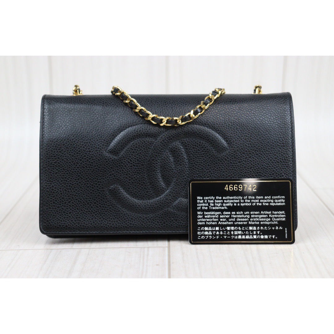 Rank A ｜ CHANEL Caviar Skin Chain Wallet Black Gold Hardware  Made In 1996-1997Year｜24022713