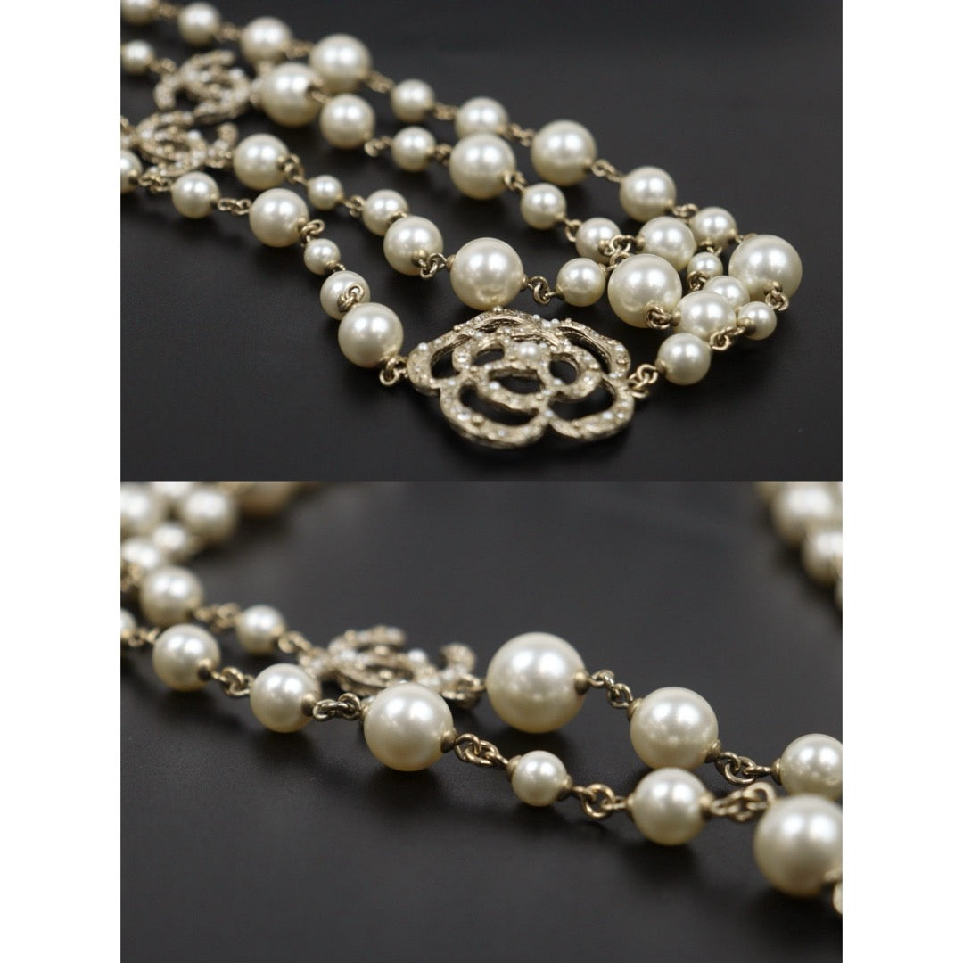 Very Good ( Rank A)｜ CHANEL Coco Mark Camellia Pearl Rhinestone  Necklace｜S25110440