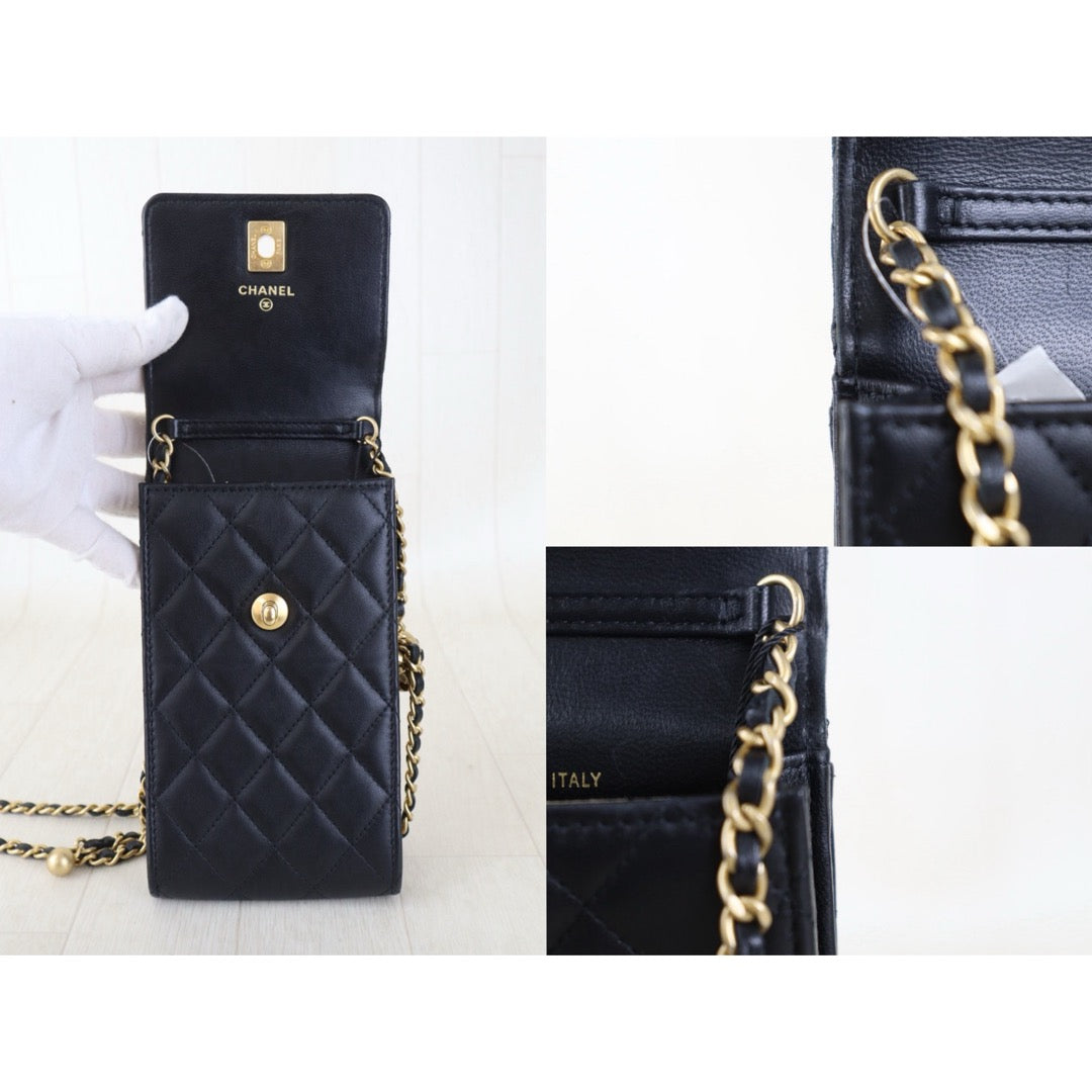 Include Entrupy Certificate of Authenticity｜Very Good（Rank A）｜CHANEL Lamb Skin  Flap Phone Holder Chain Shoulder Bag Black Made In 2022-2023 Year ｜Z26101202