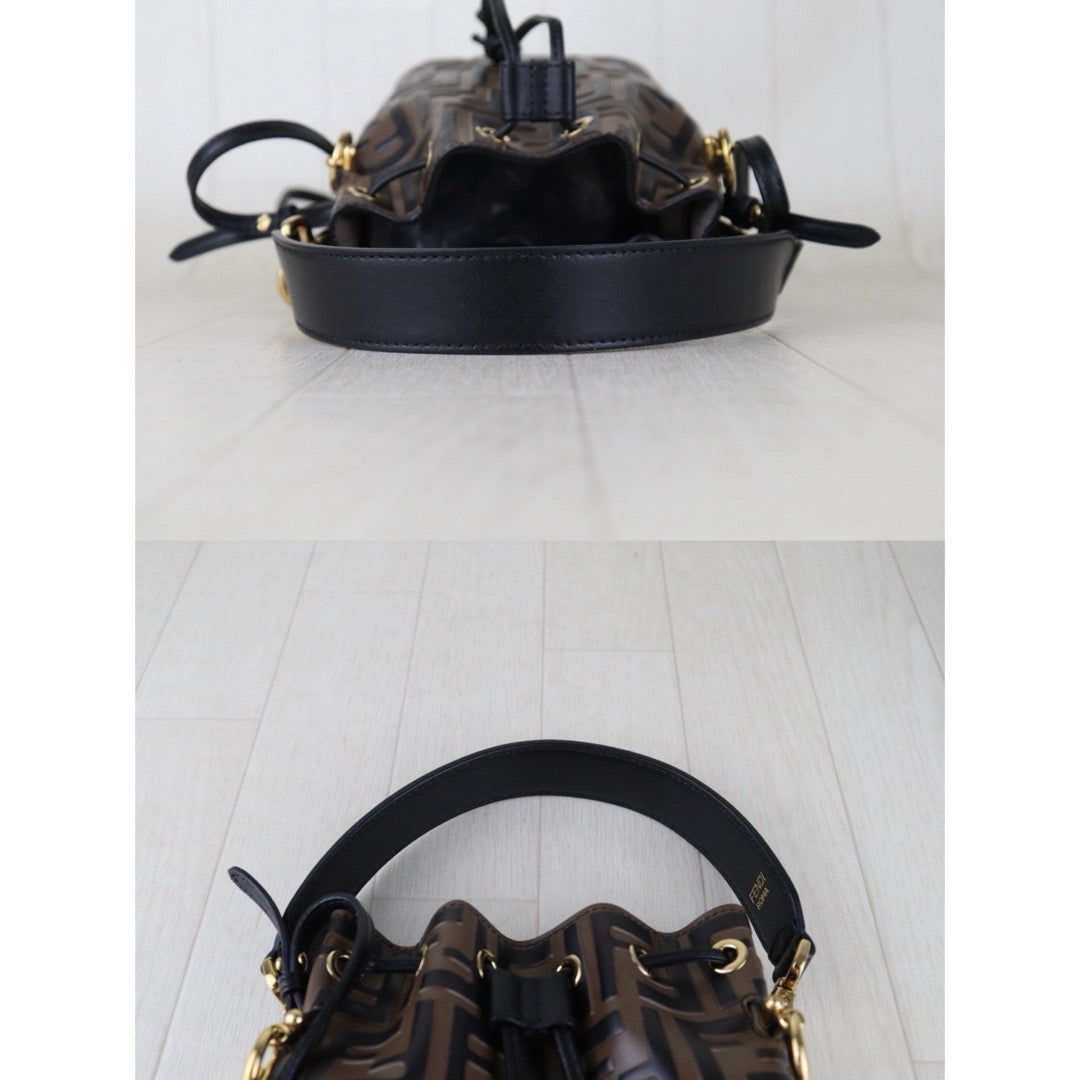 Include Entrupy Certificate of Authenticity｜Very Good ( Rank A)｜ FENDI Zucca Calf Leather Mini Mon Tresor Bucket bag Shoulder Bag Brown ｜S26071601