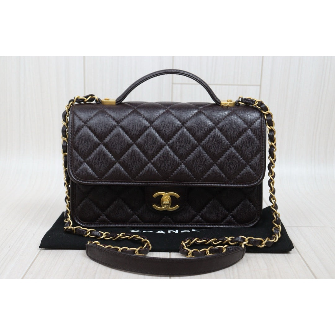 Very Good ( Rank A)｜ CHANEL Matrasse  Calf Leather 22K  Flap With Top Handle Shoulder Bag Chocolate IC Chips Model ｜A26030617