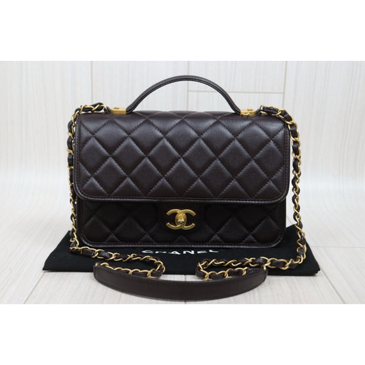 Very Good ( Rank A)｜ CHANEL Matrasse  Calf Leather 22K  Flap With Top Handle Shoulder Bag Chocolate IC Chips Model ｜A26030617