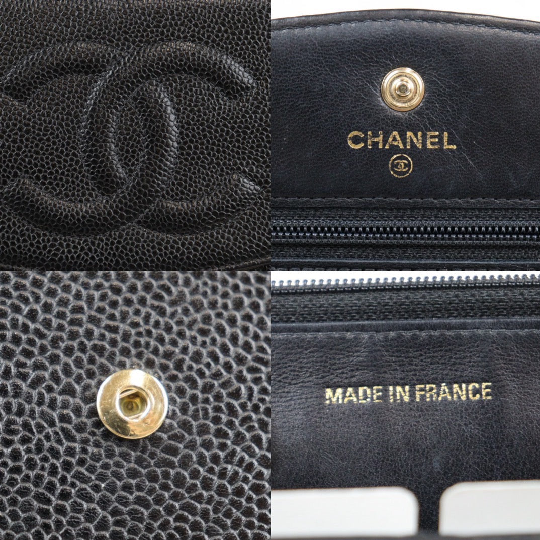 Rank A｜ CHANEL Caviar Skin Chain Wallet Black Gold Hardware Made in 2002-2003 Year ｜24020117