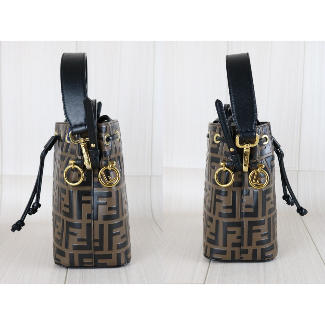 Include Entrupy Certificate of Authenticity｜Good ( Rank AB)｜ FENDI Zucca Mini Mon Tresor Calf Leather Bucket bag Shoulder Bag Brown ｜W26030406