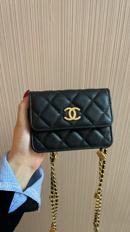 CHANEL Matelasse Caviar Skin Mini Chain Shoulder Bag Black Gold Hardware