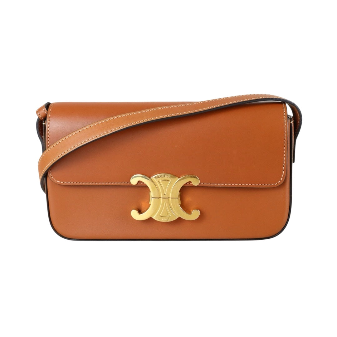 Very Good ( Rank A)｜CELINE Calf Leather Triomphe Caramel Shoulder Bag Golden Hardware｜S25112908