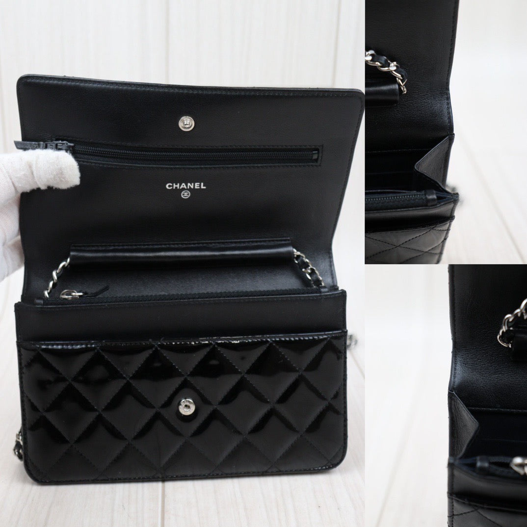 Rank A｜ CHANEL Enamel So Black Chain Wallet   ｜S24030408