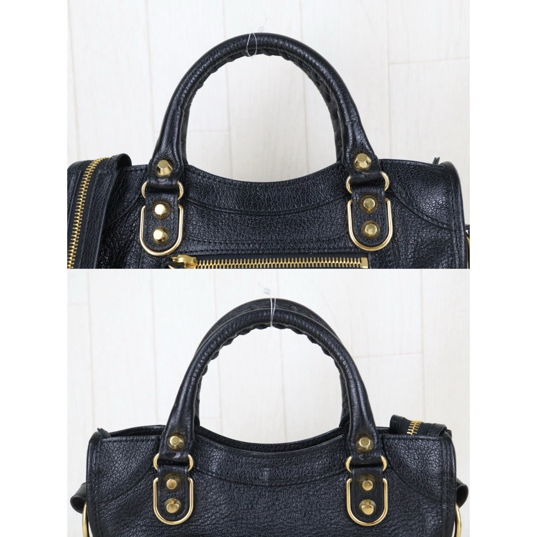 Include Entrupy Certificate of Authenticity｜Very Good ( Rank A)｜Balenciaga Chevre Leather Gaint Classic Metallic Edge City Mini Black HandBag Shoulder Bag ｜Z26091514