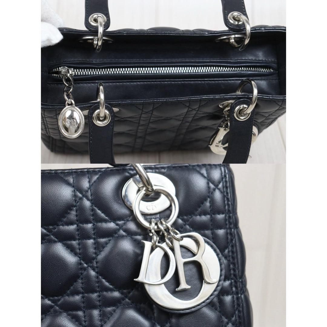 Include Entrupy Certificate of Authenticity｜Very Good ( Rank A) ｜  Dior Lady Dior Lamb Skin 2WAY Handbag Shoulder Bag Navy Blue ( Nearly Black ) ｜S26030909