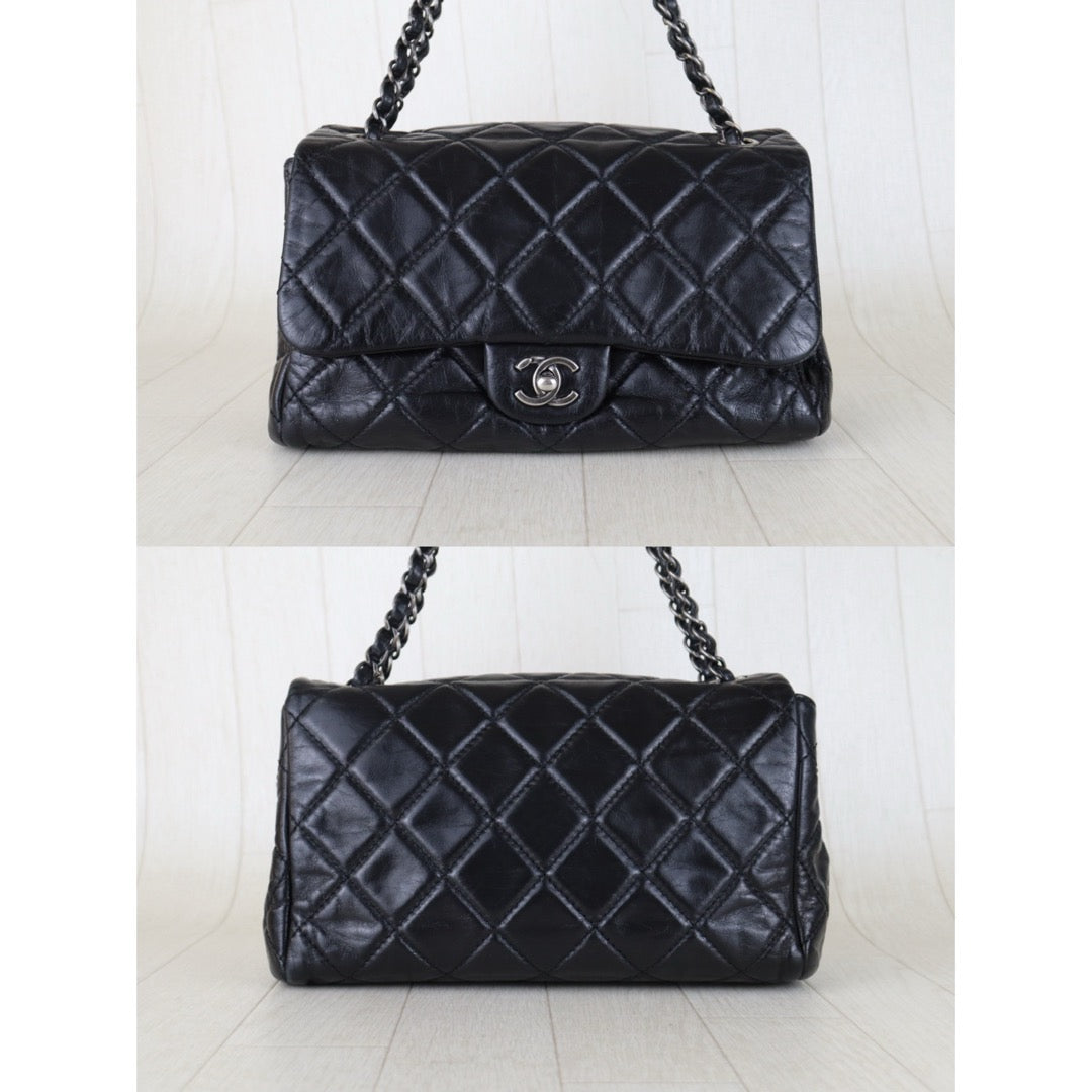 Include Entrupy Certificate of Authenticity｜Very Good ( Rank A)｜ CHANEL  Cire Leather  Chain Single Flap Shoulder Bag Black Made in 2014-2015Year｜S26030815