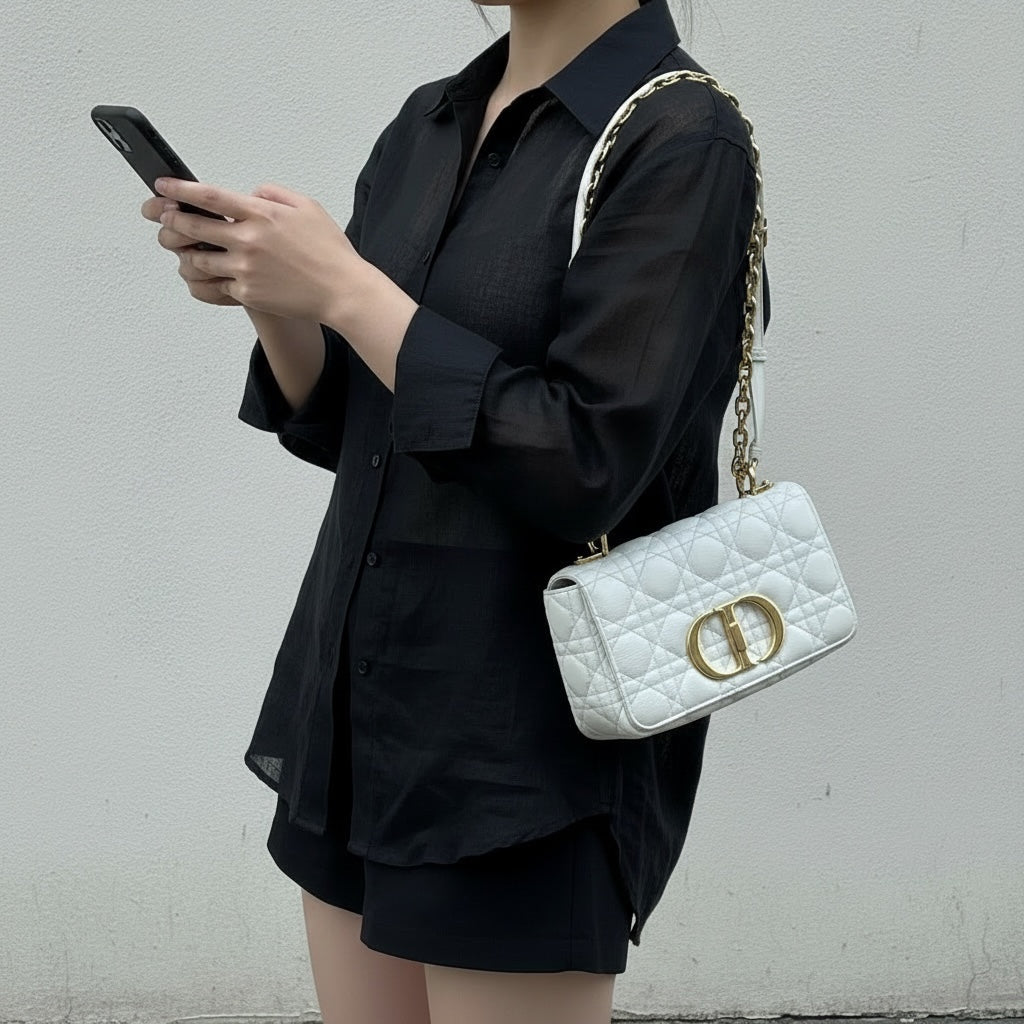 Include Entrupy Certificate of Authenticity｜Good ( Rank AB) ｜Dior Caro Calf Leather Chain Shoulder Bag PM White  ｜W26052201