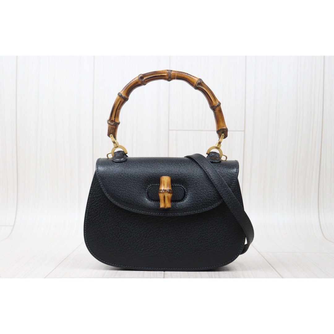 Rank A｜ GUCCI Bamboo Small Calf Leather Black Hand Bag  With Shoulder Bag ｜S24061724