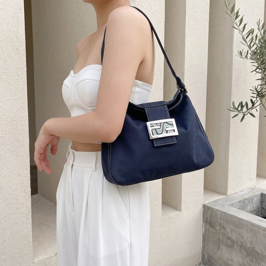 Include Entrupy Certificate of Authenticity｜Good ( Rank AB)｜ FENDI Mamma Baguette Canvas Enamel FF Buckle Shoulder Bag Navy Blue ｜26092403