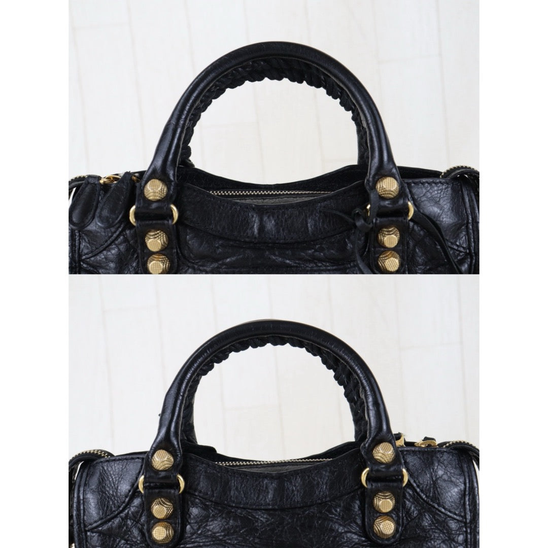 Include Entrupy Certificate of Authenticity｜Good ( Rank AB)｜Balenciaga Oiled Leather Gaint Classic mini city Handbag Shoulder Bag Black｜S26030822