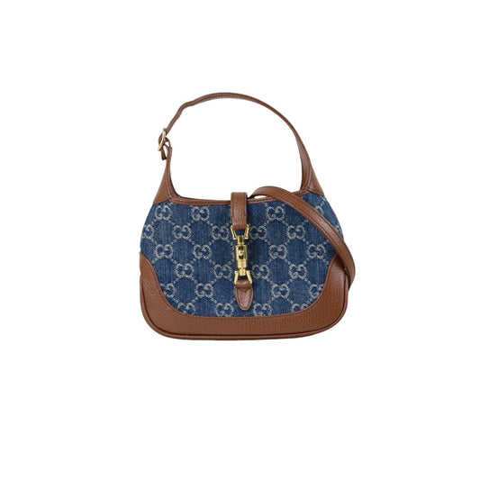 Include Entrupy Certificate of Authenticity｜Very Good ( Rank A) ｜  GUCCI Tan Monogram Denim Mini Jackie 1961 Handbag With Shoulder Strap｜S26040807