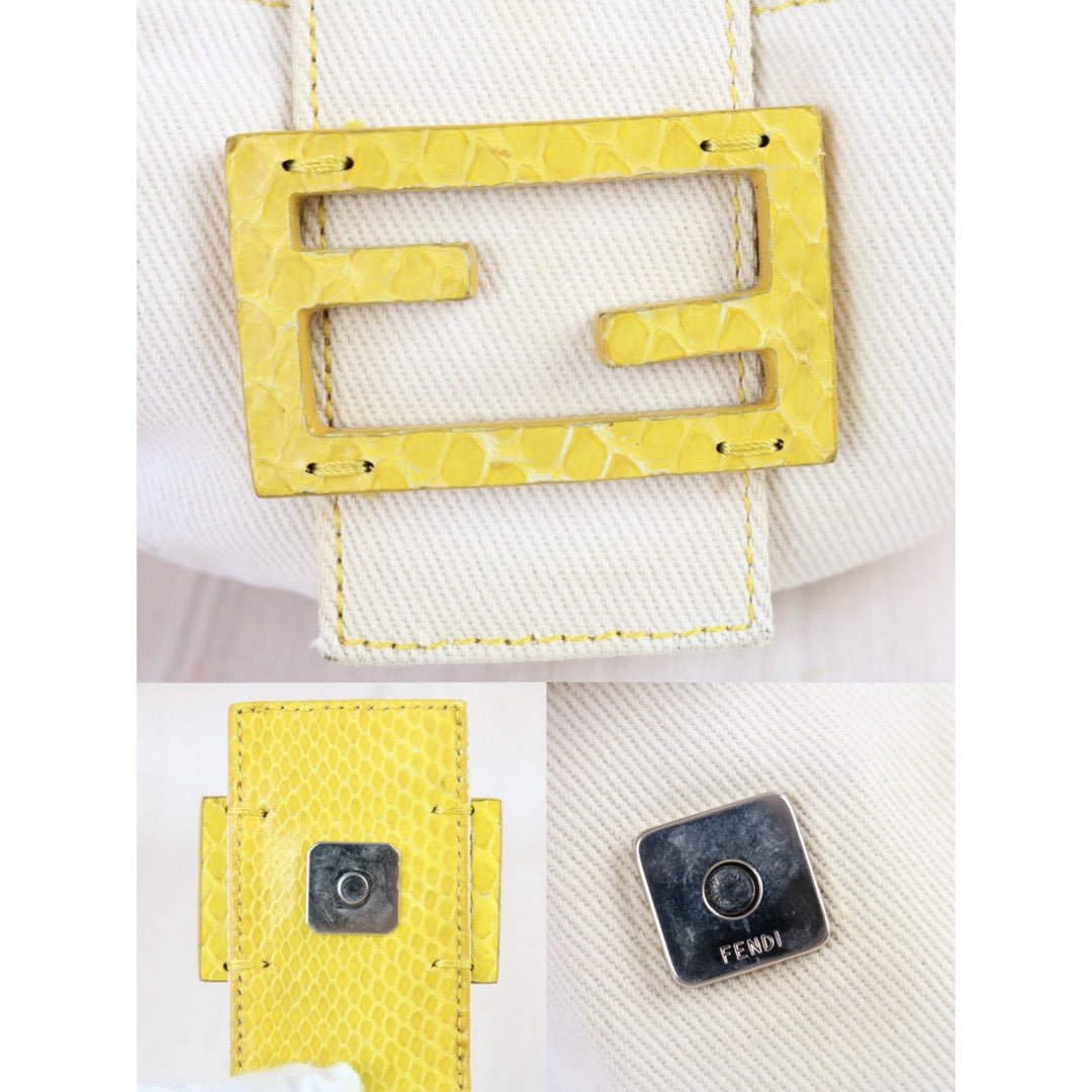 Include Entrupy Certificate of Authenticity｜Good ( Rank AB)｜ FENDI White Denim and Yellow Python Mini Croissant Shoulder Bag ｜X26090802