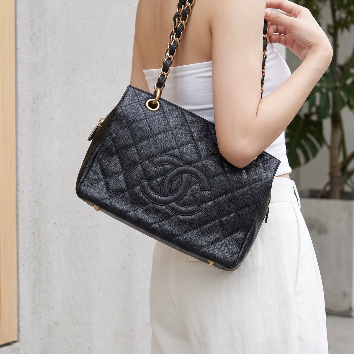 Include Entrupy Certificate of Authenticity｜Very Good ( Rank A)｜ CHANEL Caviar Skin Matrasse Chain PPT Tote Bag Black  Made In 2012｜S26090711
