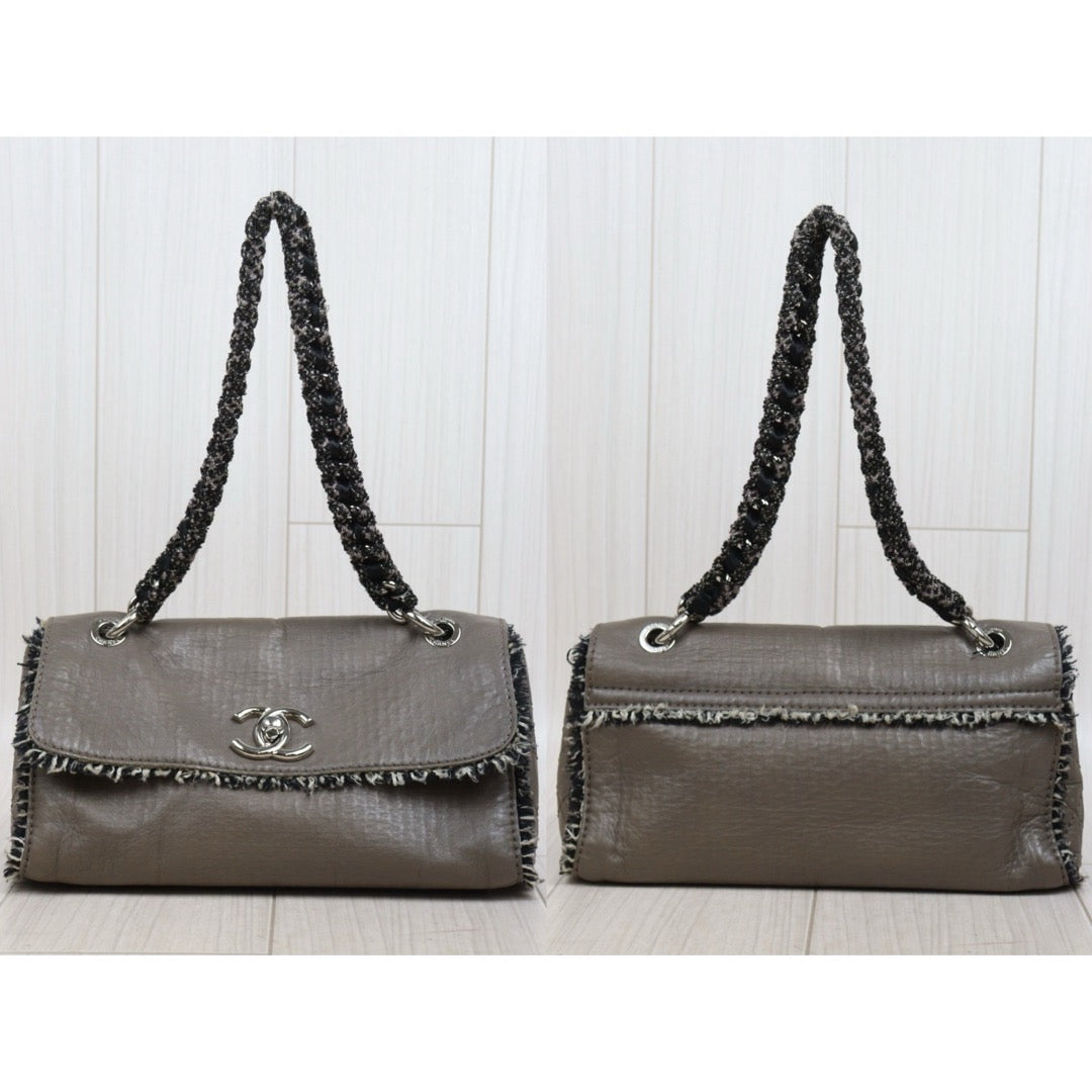 Good ( Rank AB)｜ CHANEL Calf Leather Woolen Matrasse Chain Shoulder Bag Etoupe Gray Made In 2009- 2010Year｜Y25110410