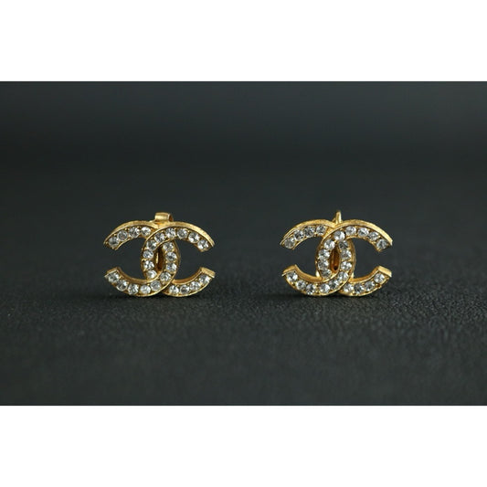 Include Authentic Detective Certificate of Authenticity｜Very Good ( Rank A) ｜ CHANEL  Coco Mark Golden Plated Rhinestone  Earrings ｜26070301