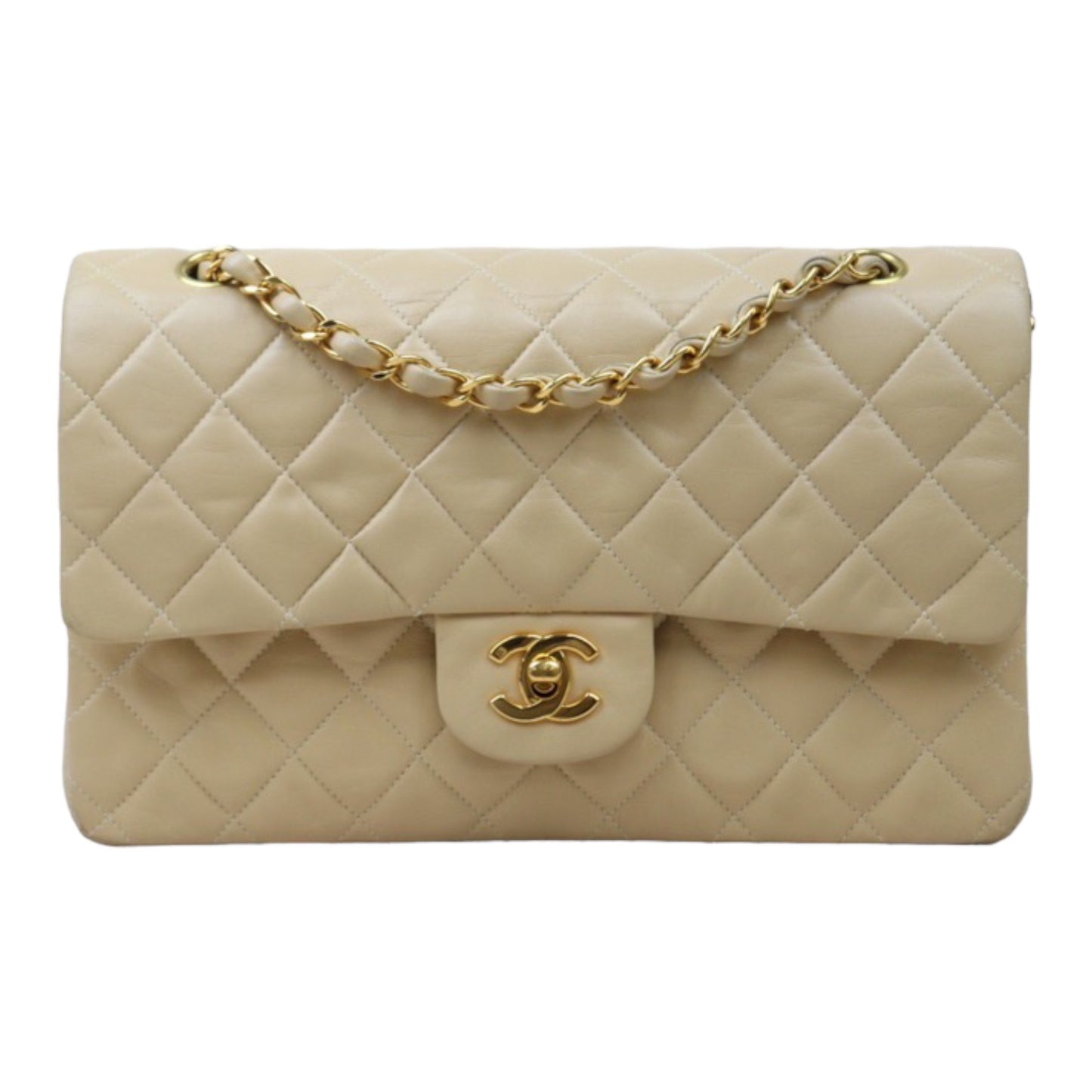 Rank AB｜ CHANEL  Lamb Skin Beige Double Flap 25 Shoulder Bag  ｜24050927