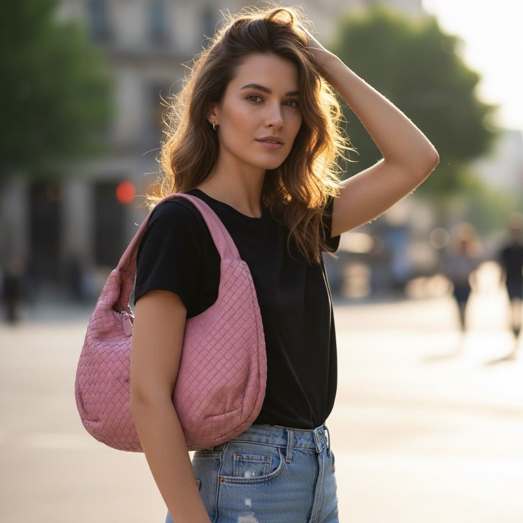 Include Entrupy Certificate of Authenticity｜Very Good ( Rank A)｜ Bottega Veneta Lamb Skin Braid Shoulder Bag Rose Pink｜S26022612
