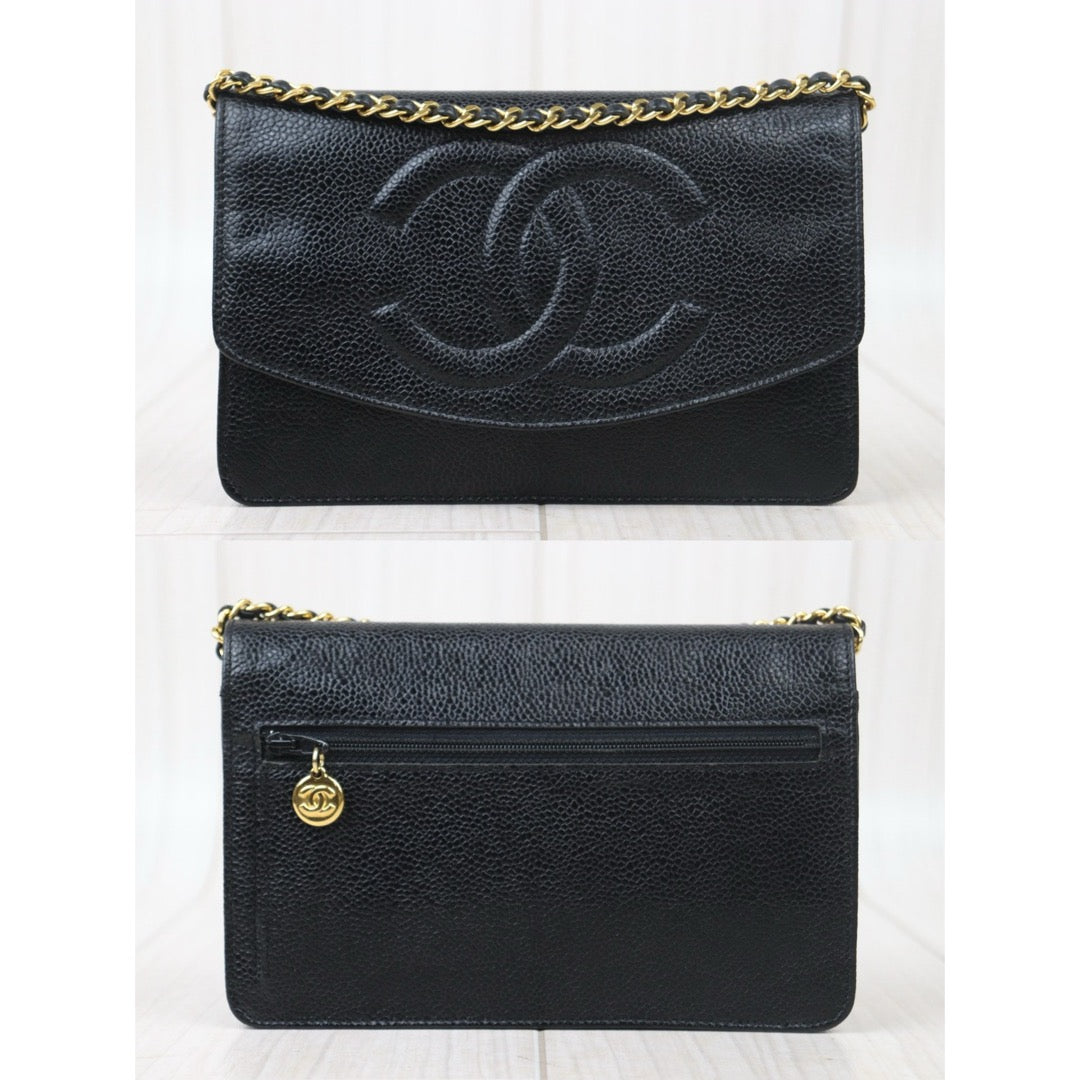 Good ( Rank AB)｜ CHANEL Caviar Skin Chain Wallet Black Gold Hardware Made in 1996-1997 Year ｜24100705