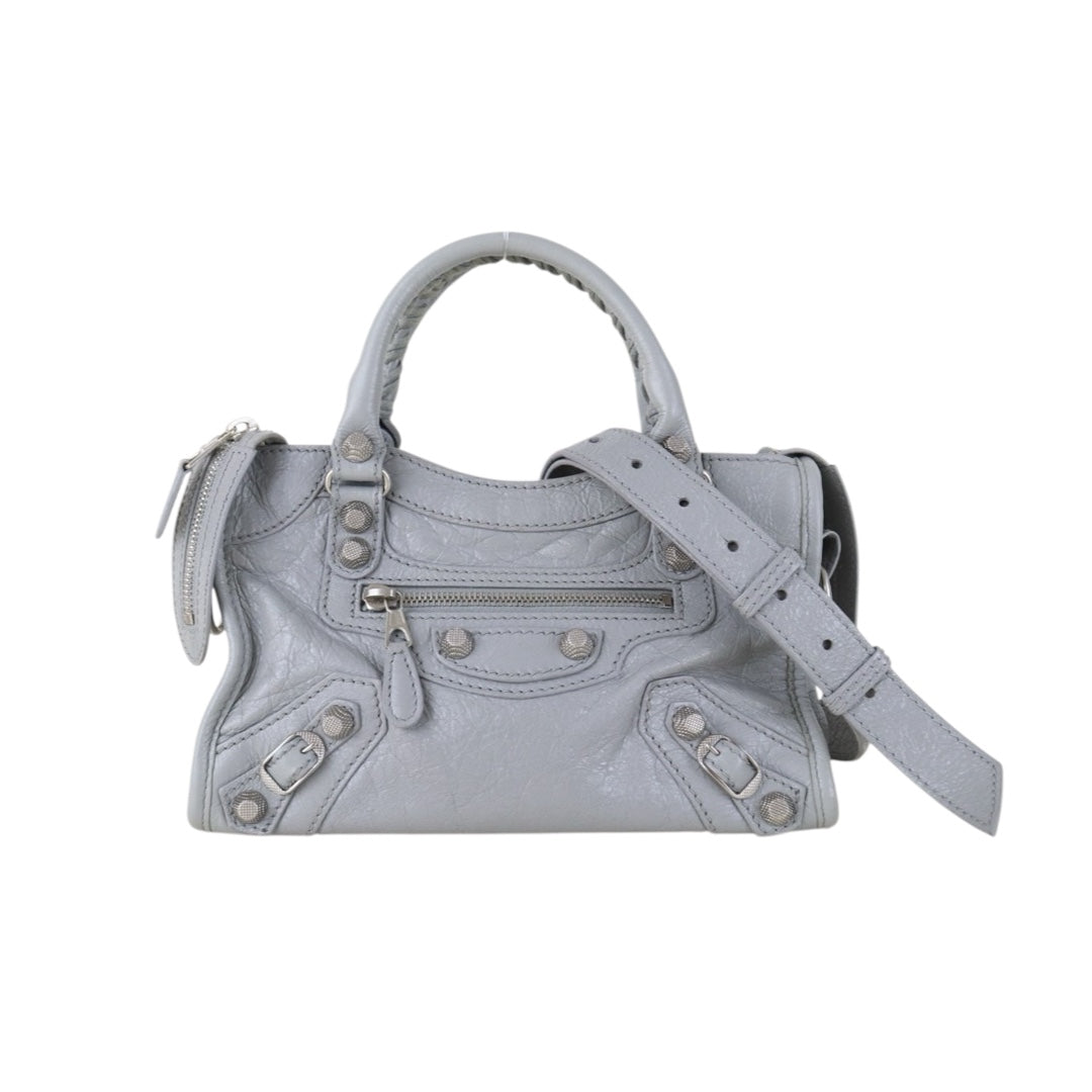 Include Entrupy Certificate of Authenticity｜Very Good ( Rank A)｜Balenciaga Waxed Leather Gaint Classic City Mini Grey HandBag Shoulder Bag ｜S26083014