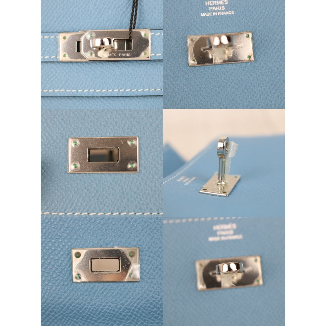 Include Entrupy Certificate of Authenticity｜Very Good ( Rank A)｜ HERMES Goatskin Kelly Long Wallet Etoupe □O Stamp Made In 2011Year Bleu Jean｜X26100708