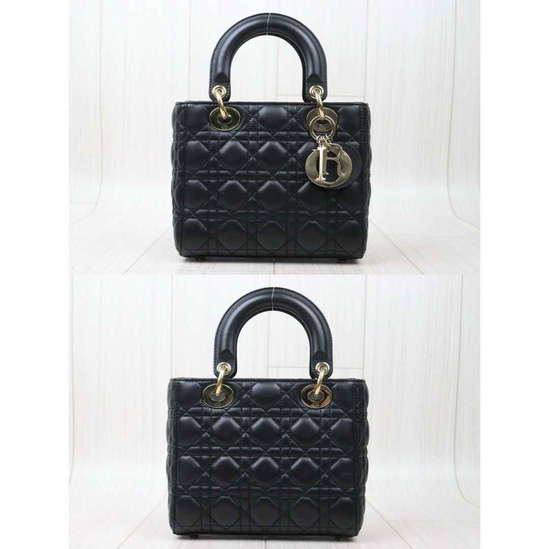 Rank A ｜  Dior Lady Dior Lamb Skin 2WAY Shoulder Bag Handbag Black  ｜S24042904