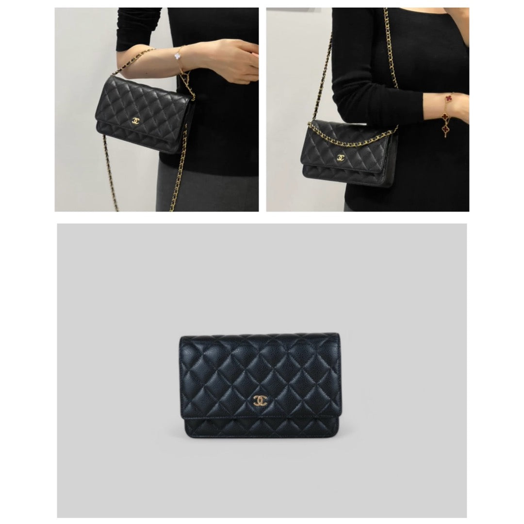 Very Good ( Rank A)｜ CHANEL Matelasse Caviar Skin Chain Wallet Black Gold Hardware Made in 2018-2019 Year ｜S25021804