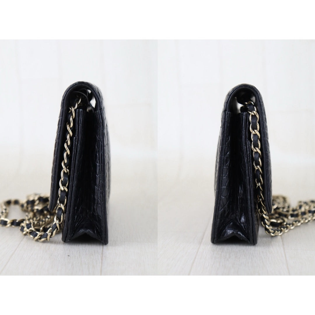 Include Entrupy Certificate of Authenticity｜Very Good ( Rank A)｜CHANEL Crocodile Skin WOC Chain Bag Black Made In 2014Year｜S26030816