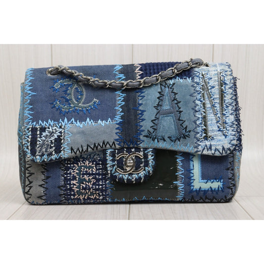 Good ( Rank AB)｜ CHANEL  Colorblock Patch Denim Single Flap Jumbo 30 Shoulder Bag Blue Made in 2014-2015Year｜S26020201