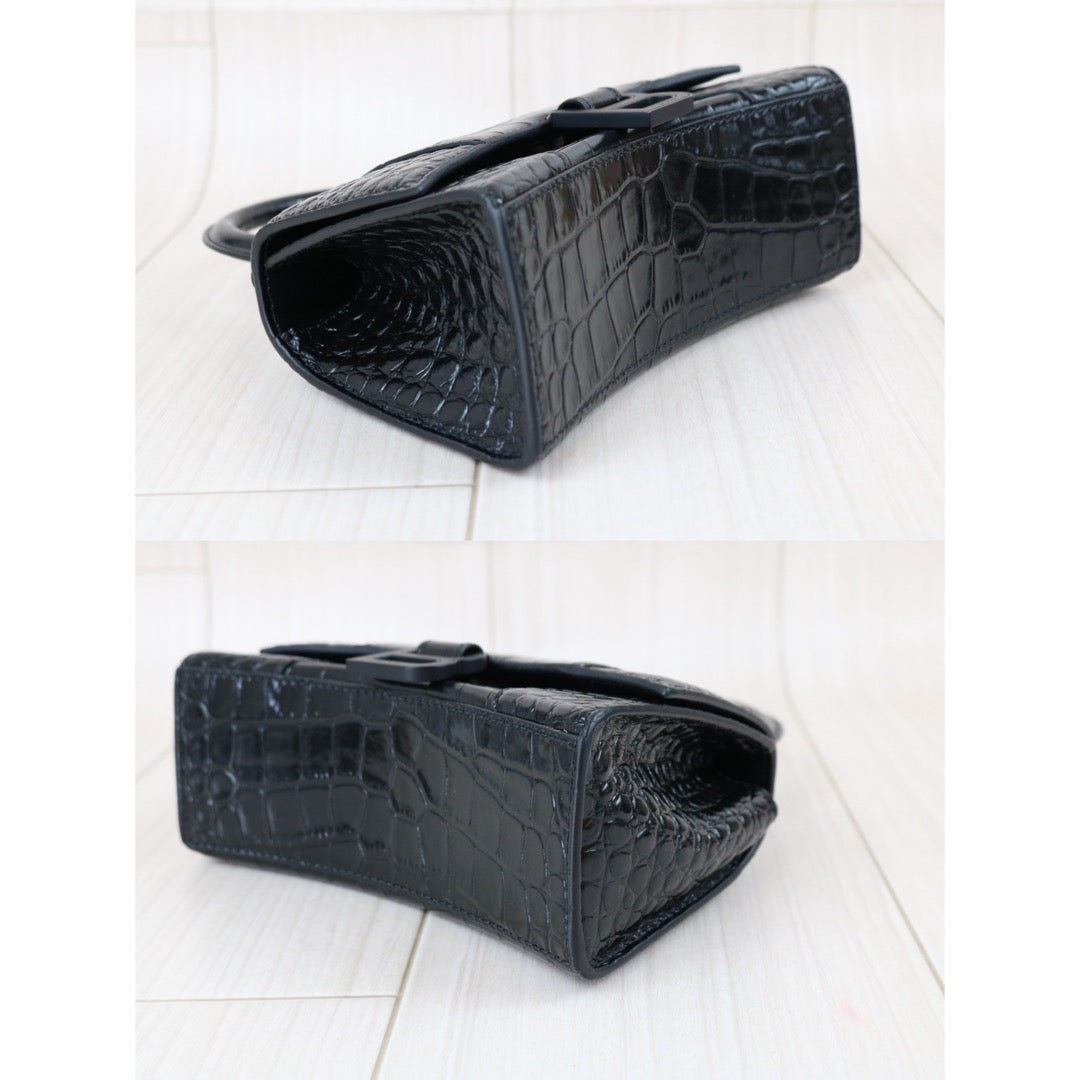 Include Entrupy Certificate of Authenticity｜Very Good ( Rank A)｜Balenciaga Crocodile Embossed Calfskin So Black Hourglass Hand Bag Shoulder Bag XS｜Z26091606