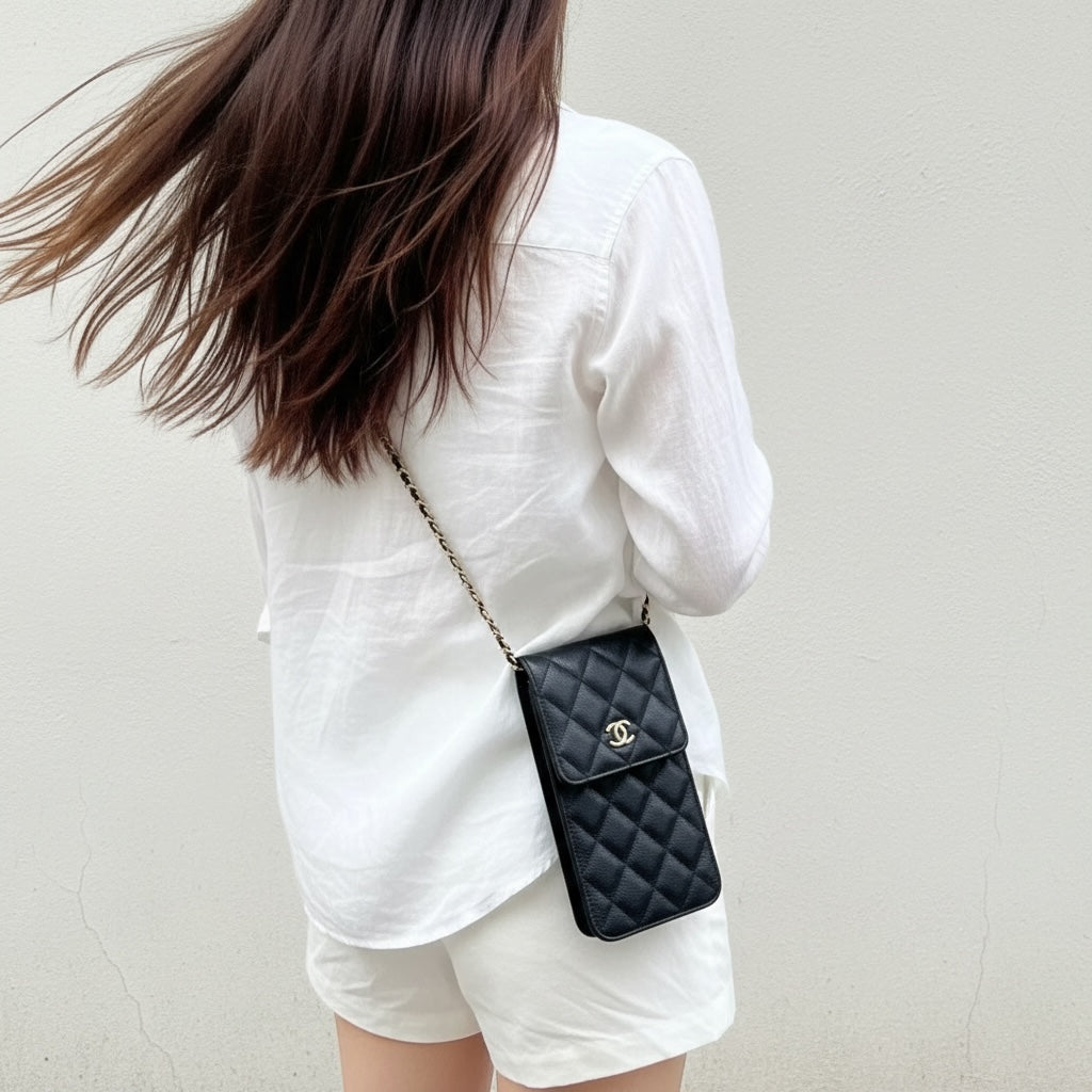 Include Entrupy Certificate of Authenticity｜Excellent（Rank SA）｜Full Set CHANEL 23S Caviar Skin Bow Matrasse Chain Phone Holder Black  IC Chips Model ｜S26051507