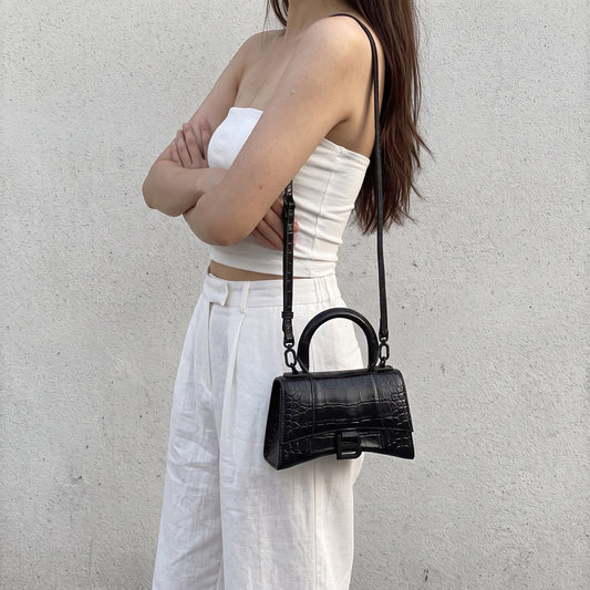 Include Entrupy Certificate of Authenticity｜Very Good ( Rank A)｜Balenciaga Crocodile Embossed Calfskin So Black Hourglass Hand Bag Shoulder Bag XS｜Z26091606