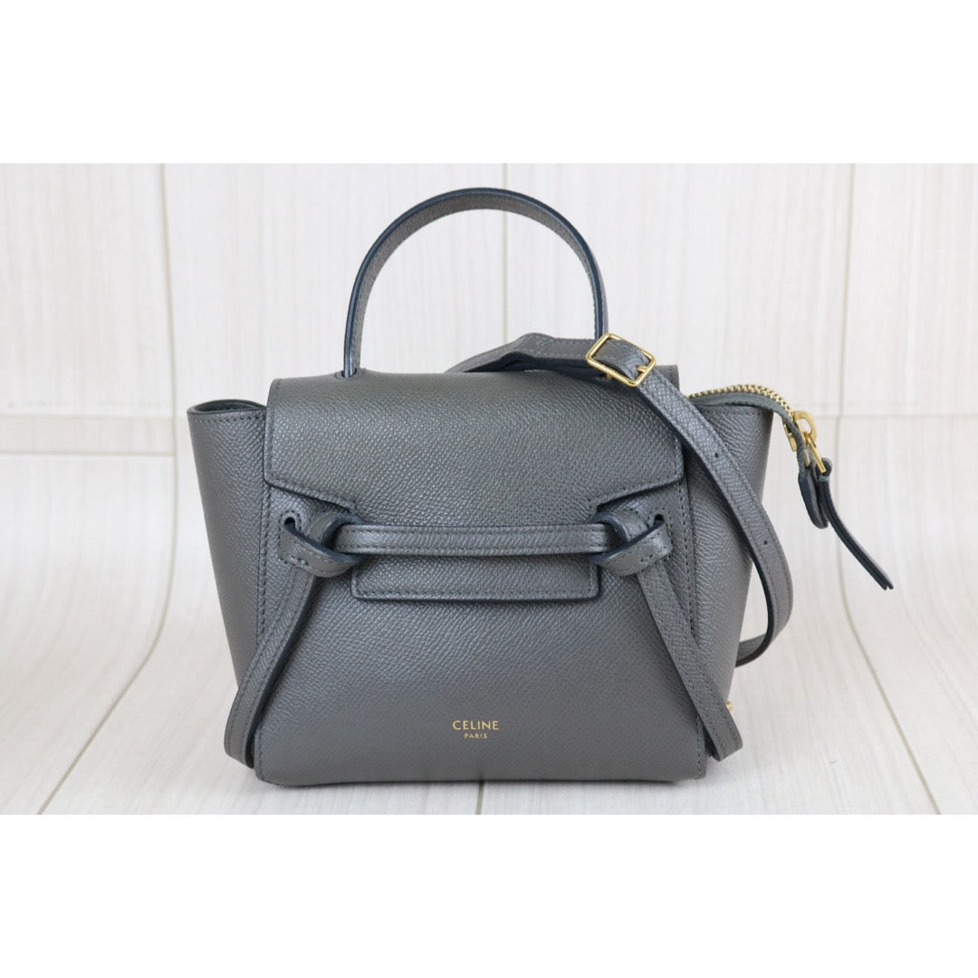 Include Entrupy Certificate of Authenticity｜Very Good ( Rank A)｜CELINE Calf Leather Belt Pico Handbag Shoulder Bag Etoupe Gray｜X26051807