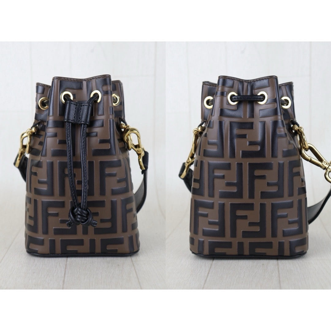 Include Entrupy Certificate of Authenticity｜Very Good ( Rank A)｜ FENDI Zucca Calf Leather Mini Mon Tresor Bucket bag Shoulder Bag Brown ｜S26081803