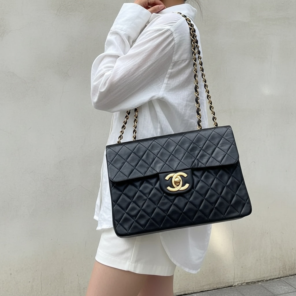 Include Entrupy Certificate of Authenticity｜Good ( Rank AB)｜CHANEL  Matrasse Chain  Lambskin Single Flap Black Shoulder Bag Large Made In 1994～1996Year｜26071310