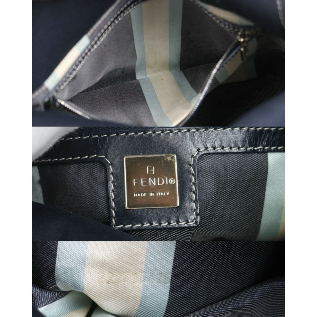 Include Entrupy Certificate of Authenticity｜Good ( Rank AB)｜ FENDI Mamma Baguette Canvas Enamel FF Buckle Shoulder Bag Navy Blue ｜26092403