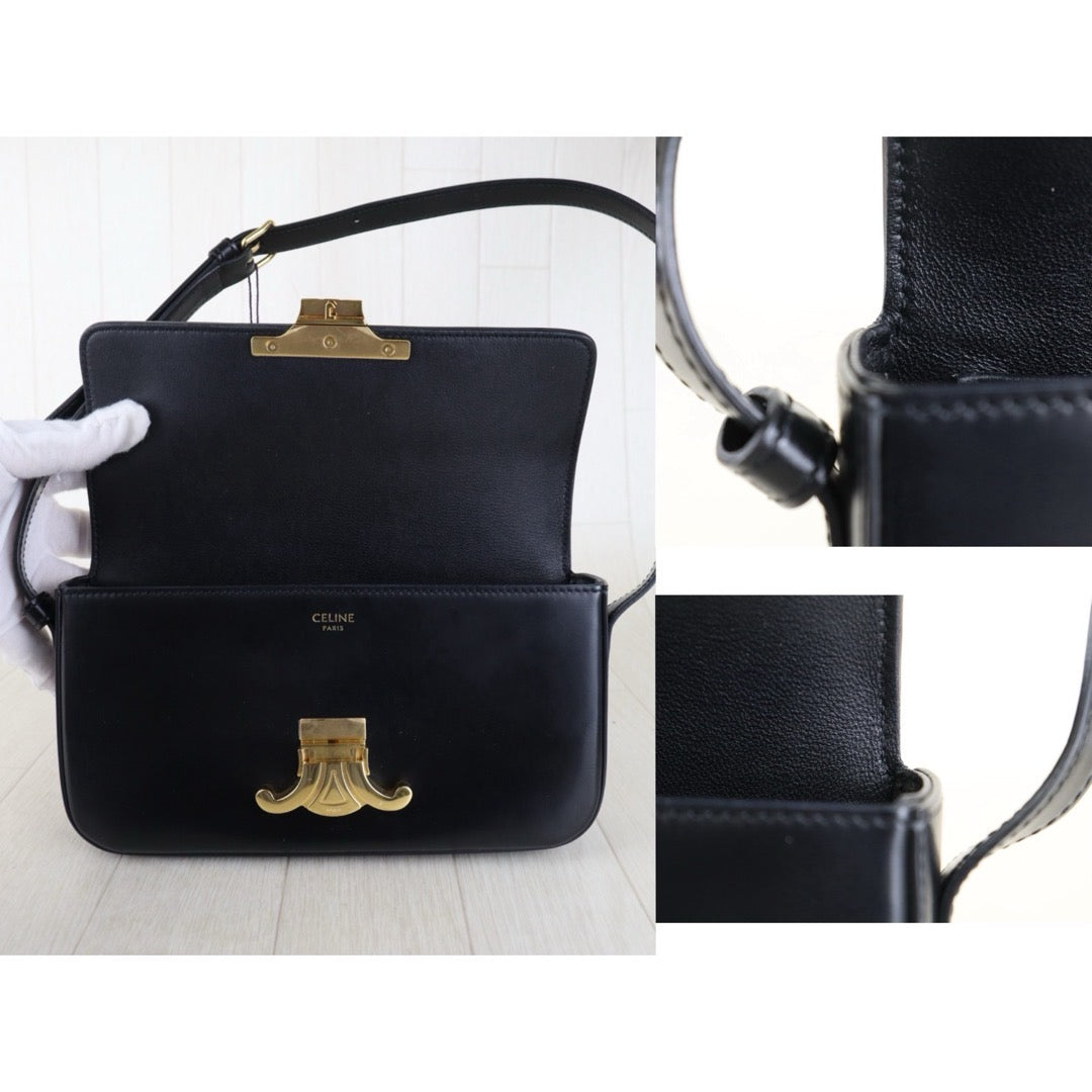 Include Entrupy Certificate of Authenticity｜Good ( Rank A) ｜CELINE Calf Leather Triomphe Black Shoulder Bag Golden Hardware｜S26080113