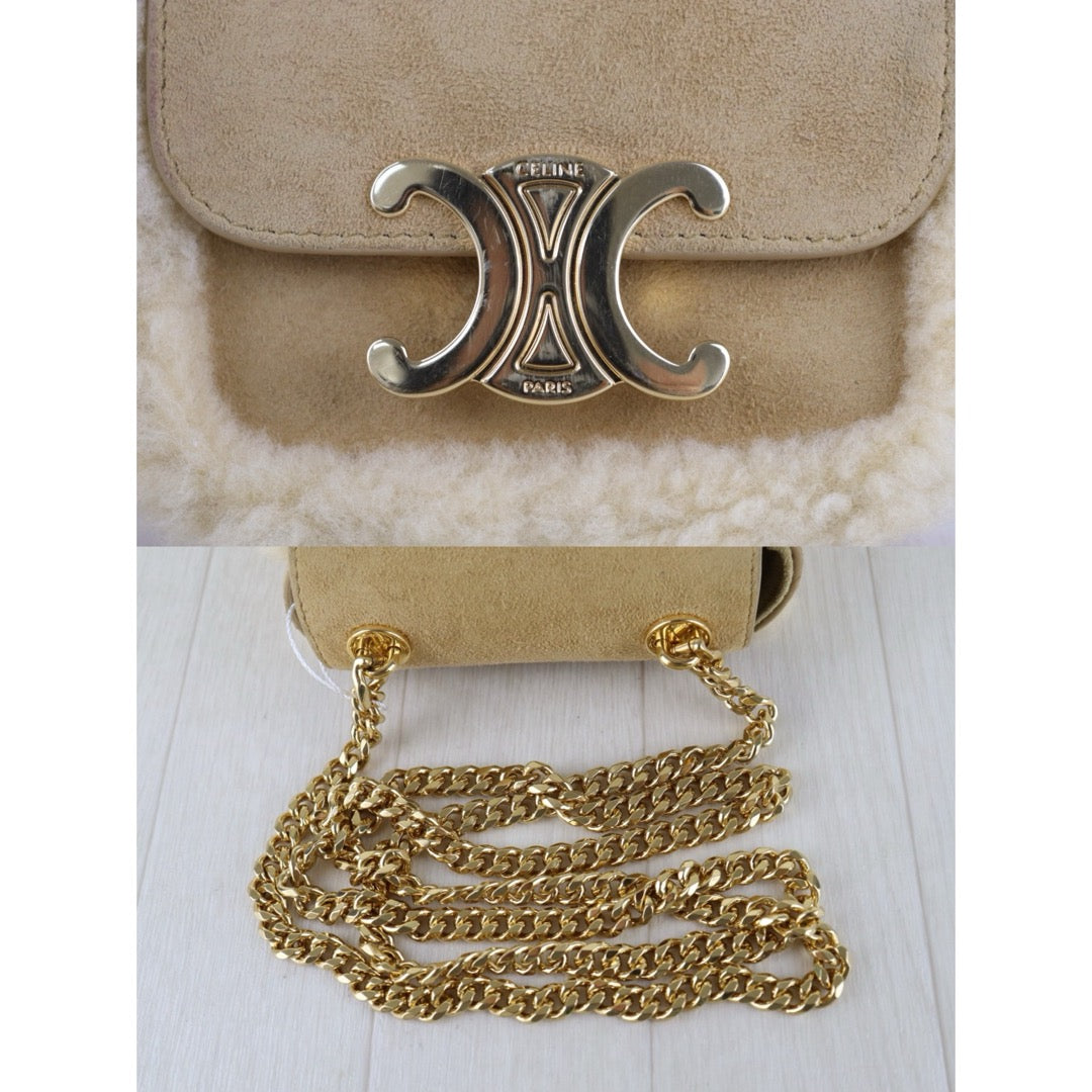 Include Entrupy Certificate of Authenticity｜Good ( Rank A) ｜CELINE Suede Shearling Triomphe Mini Chain Claude Shoulder Bag ｜S26083015