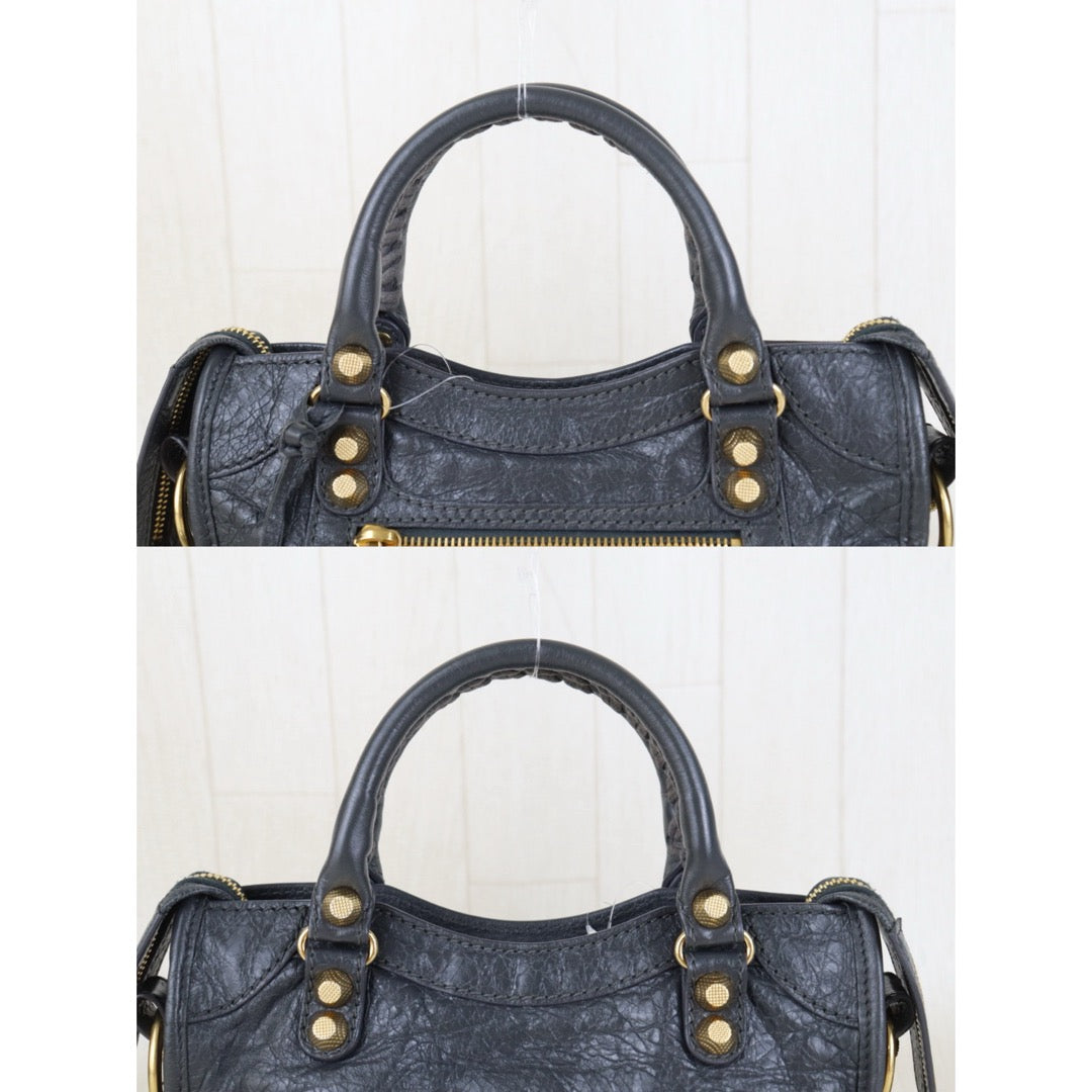 Include Entrupy Certificate of Authenticity｜Very Good ( Rank A)｜Balenciaga Waxed Leather Gaint Classic City Mini Grey HandBag Shoulder Bag ｜Z26100205