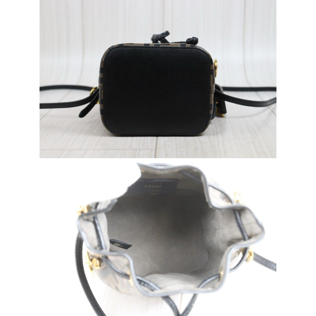Include Entrupy Certificate of Authenticity｜Good ( Rank AB)｜ FENDI Zucca Mini Mon Tresor Calf Leather Bucket bag Shoulder Bag Brown ｜26051904