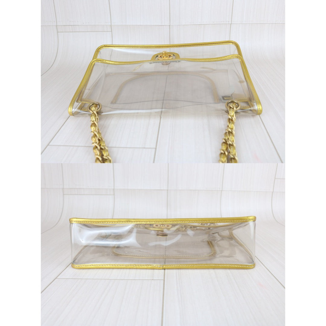 Include Entrupy Certificate of Authenticity｜Good ( Rank AB) ｜ CHANEL Vintage Clear PVC Gold Trim Classic Flap  Chain Bag Made In 2006-2008 Year｜S26083011