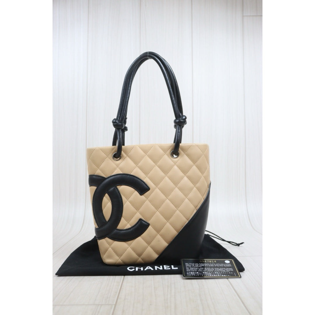 Include Entrupy Certificate of Authenticity｜Good ( Rank AB) ｜ CHANEL Cambon Line Mini ToteBag Beige Black Made In 2003-2004 Year｜26082805