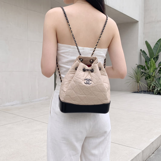 Include Entrupy Certificate of Authenticity｜Good ( Rank AB)｜CHANE Calf Leather Gabrielle Aged Backpack Beige  Made in 2018 Year｜S26080106