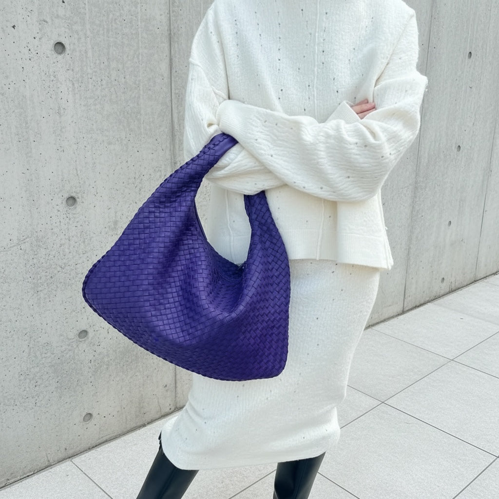 Include Entrupy Certificate of Authenticity｜Very Good ( Rank A)｜ Bottega Veneta Lamb Skin Braid Shoulder Bag Dark Purple｜S26041304