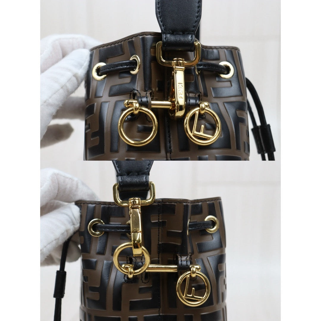 Good ( Rank AB)｜ FENDI Zucca Mini Mon Tresor Calf Leather Bucket bag Shoulder Bag Brown ｜V25102102